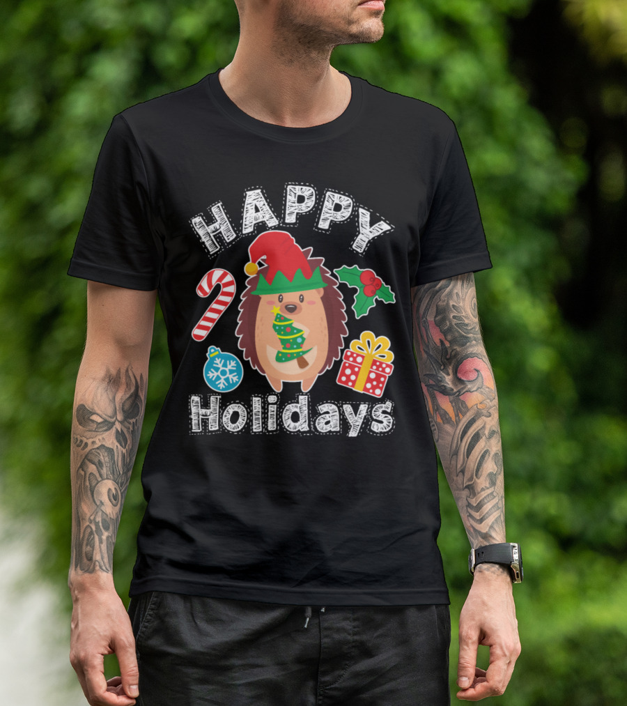 Happy Holidays Hedgehog Christmas Candy Cane Gift T-Shirt