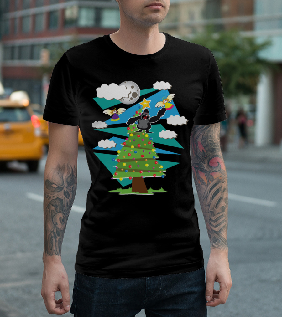 King Kong Christmas Tree with Angels and Moon T-Shirt