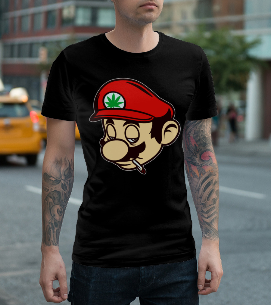 High Mario with Marijuana Leaf Cap Smoking Weed T-Shirt