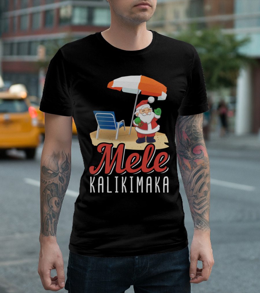Mele Kalikimaka Hawaii Santa Claus Beach Umbrella Chair T-Shirt