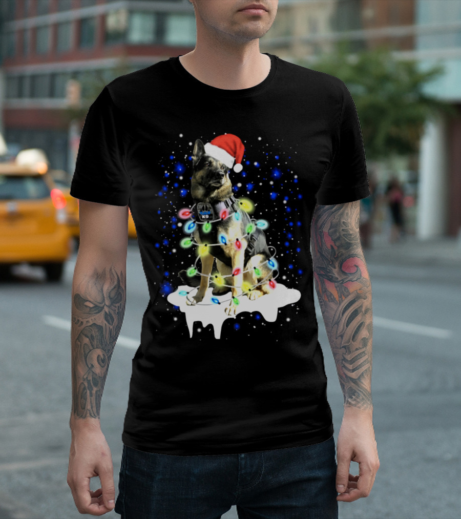 Santa Hat K9 Dog Wrapped In Christmas Lights With Falling Snowflakes T-Shirt