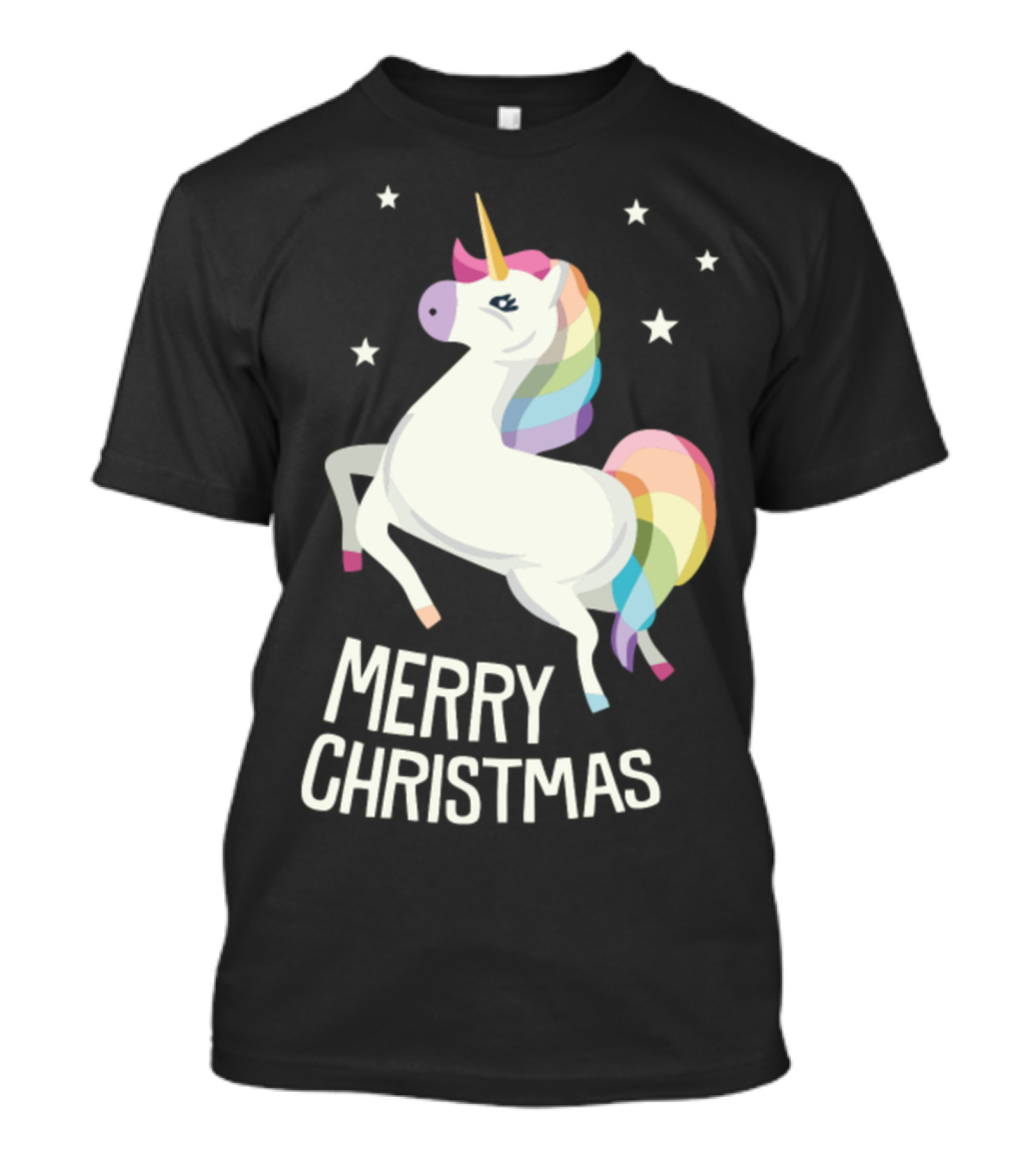 Merry Christmas Rainbow Unicorn With Stars T-Shirt