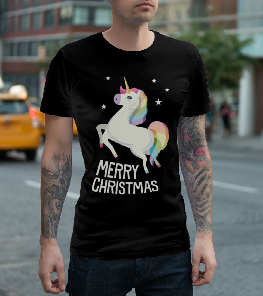 Merry Christmas Rainbow Unicorn With Stars T-Shirt