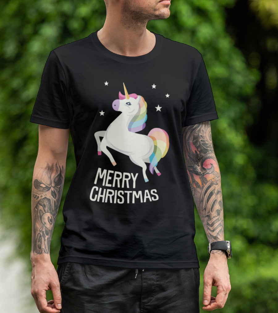 Merry Christmas Rainbow Unicorn With Stars T-Shirt