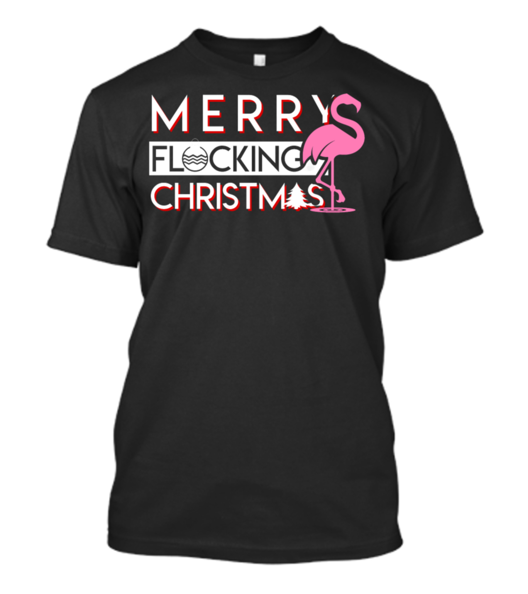 Merry Flocking Christmas Flamingo With Festive Tree And Water Waves T-Shirt