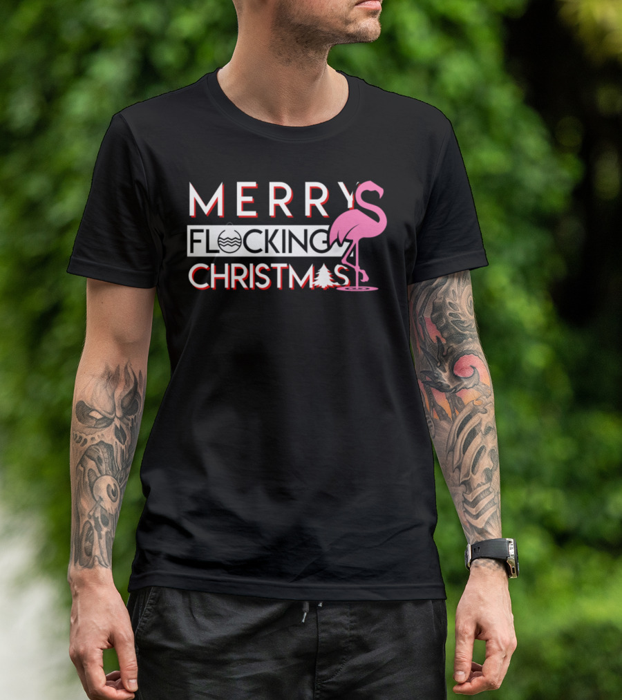 Merry Flocking Christmas Flamingo With Festive Tree And Water Waves T-Shirt