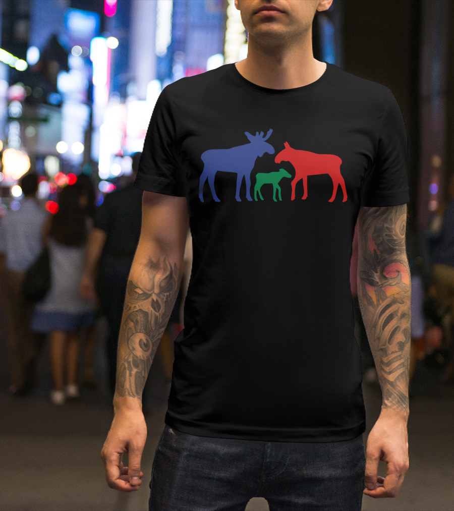Moose Family Blue Red Green T-Shirt