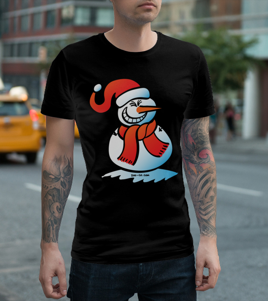 Naughty Snowman Santa Hat Red Scarf Zoo-Co.com T-Shirt