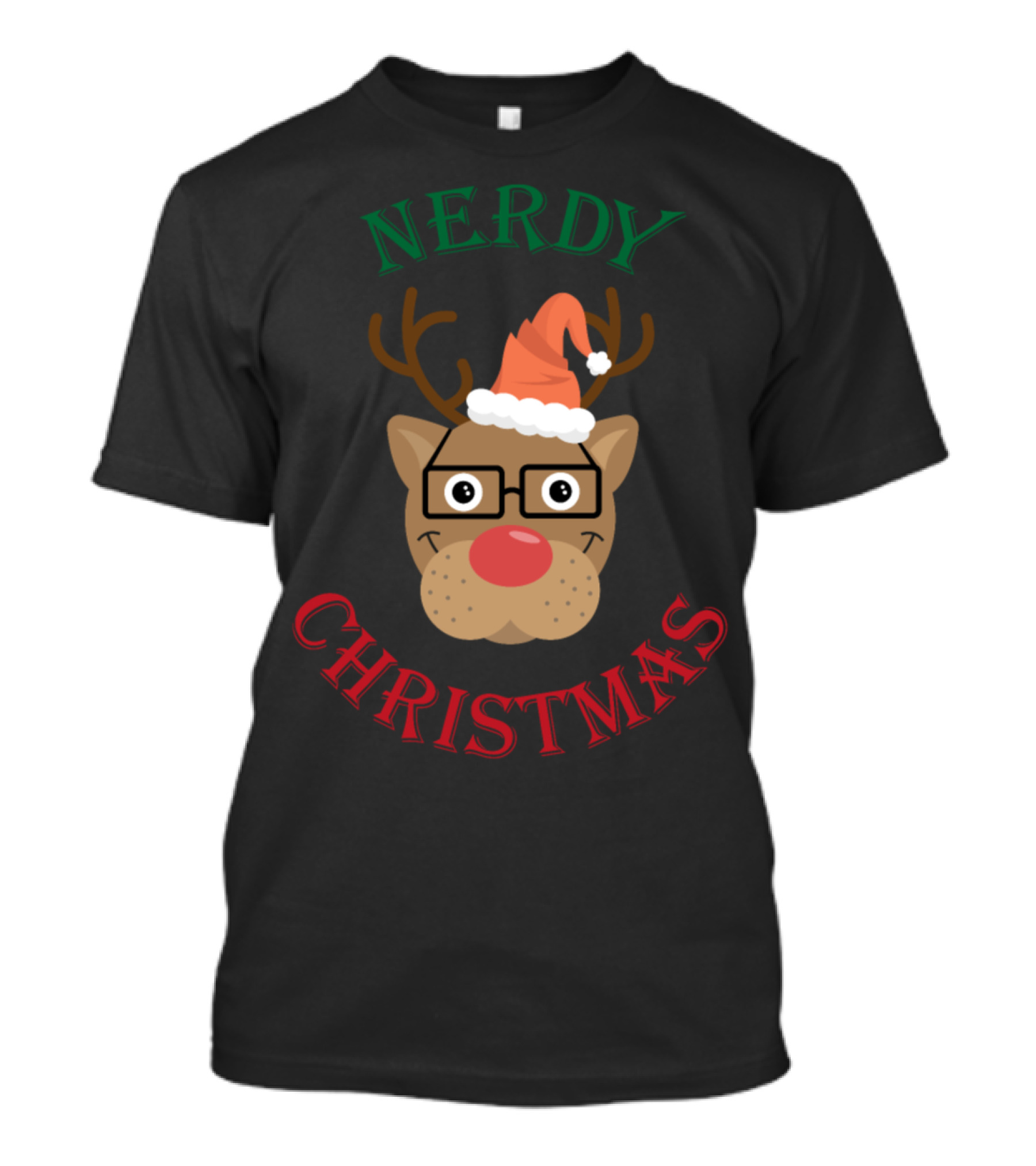Nerdy Christmas Reindeer With Glasses Santa Hat T-Shirt
