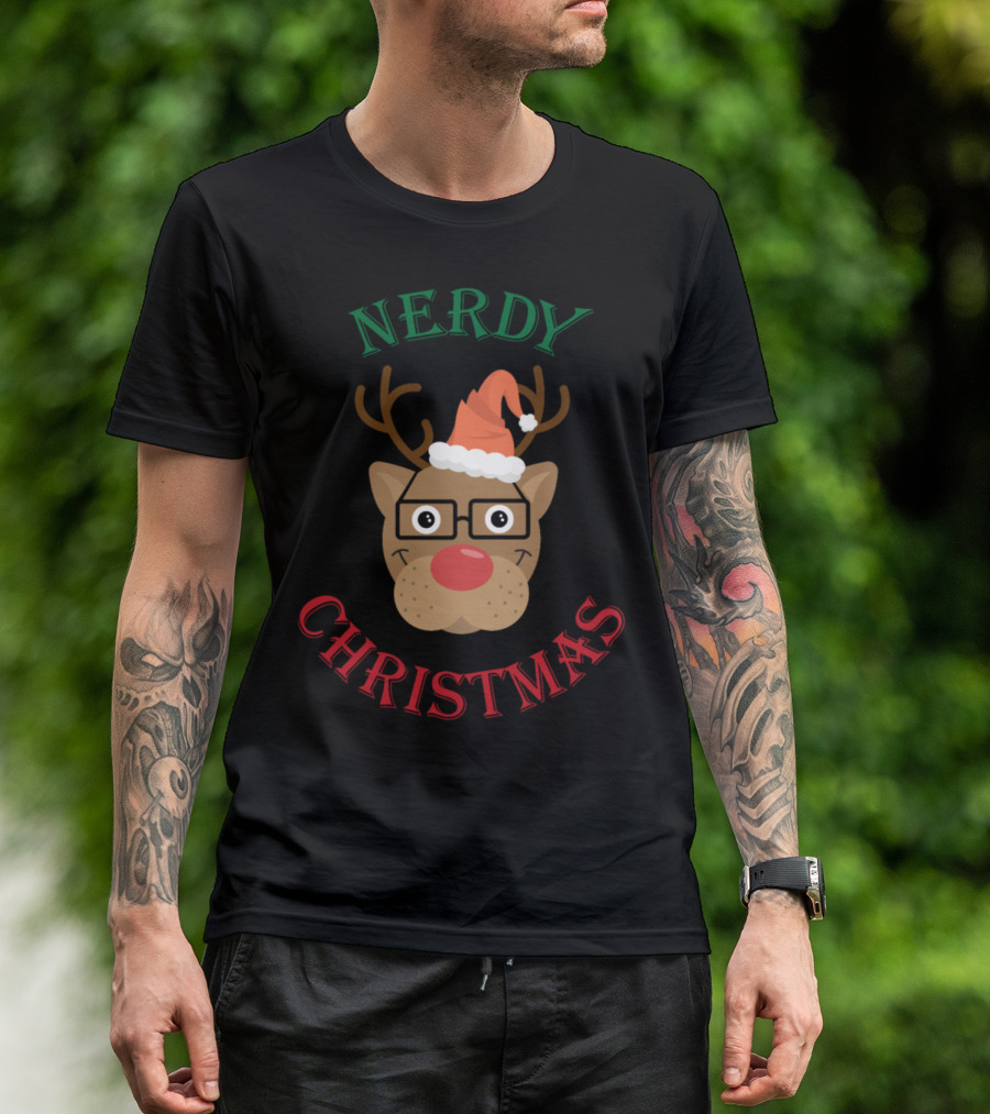 Nerdy Christmas Reindeer With Glasses Santa Hat T-Shirt