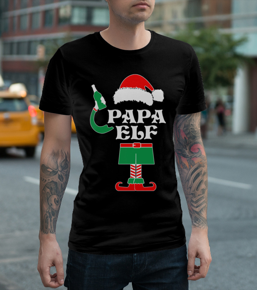 Papa Elf Santa Hat Christmas Outfit with Bottle T-Shirt