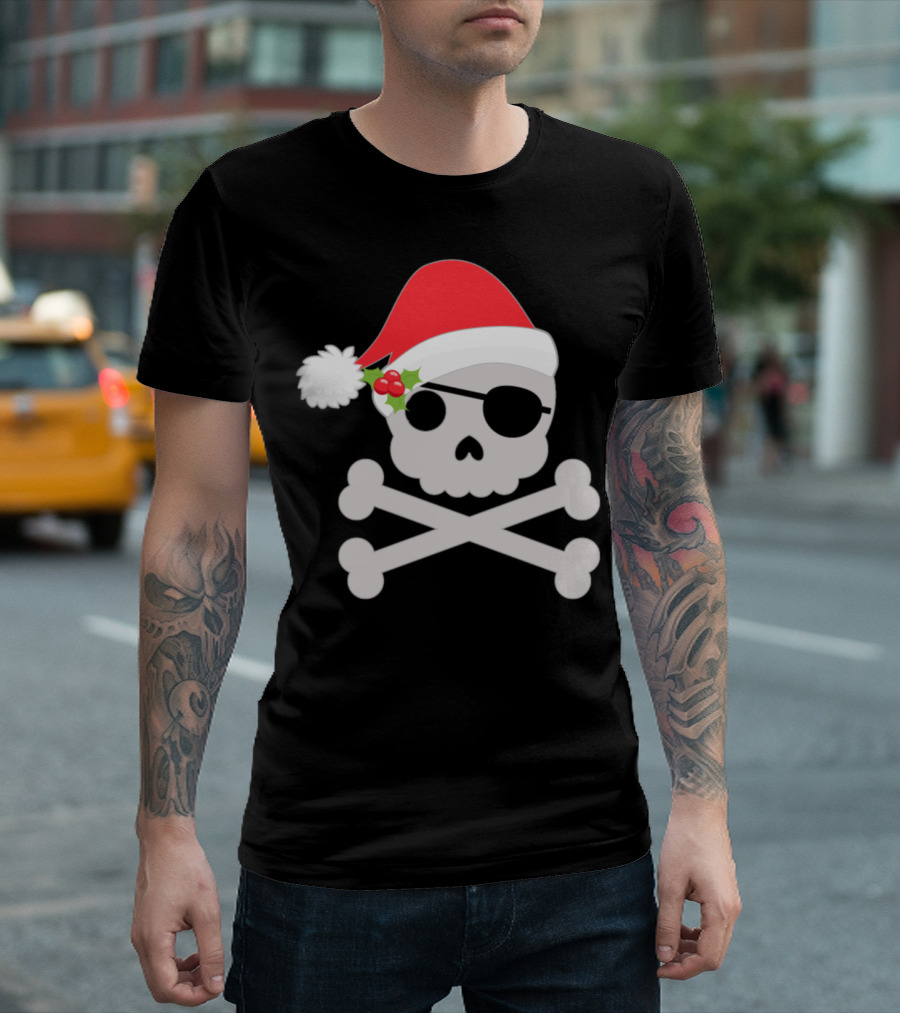 Pirate Santa Skull and Crossbones with Santa Hat and Eye Patch T-Shirt