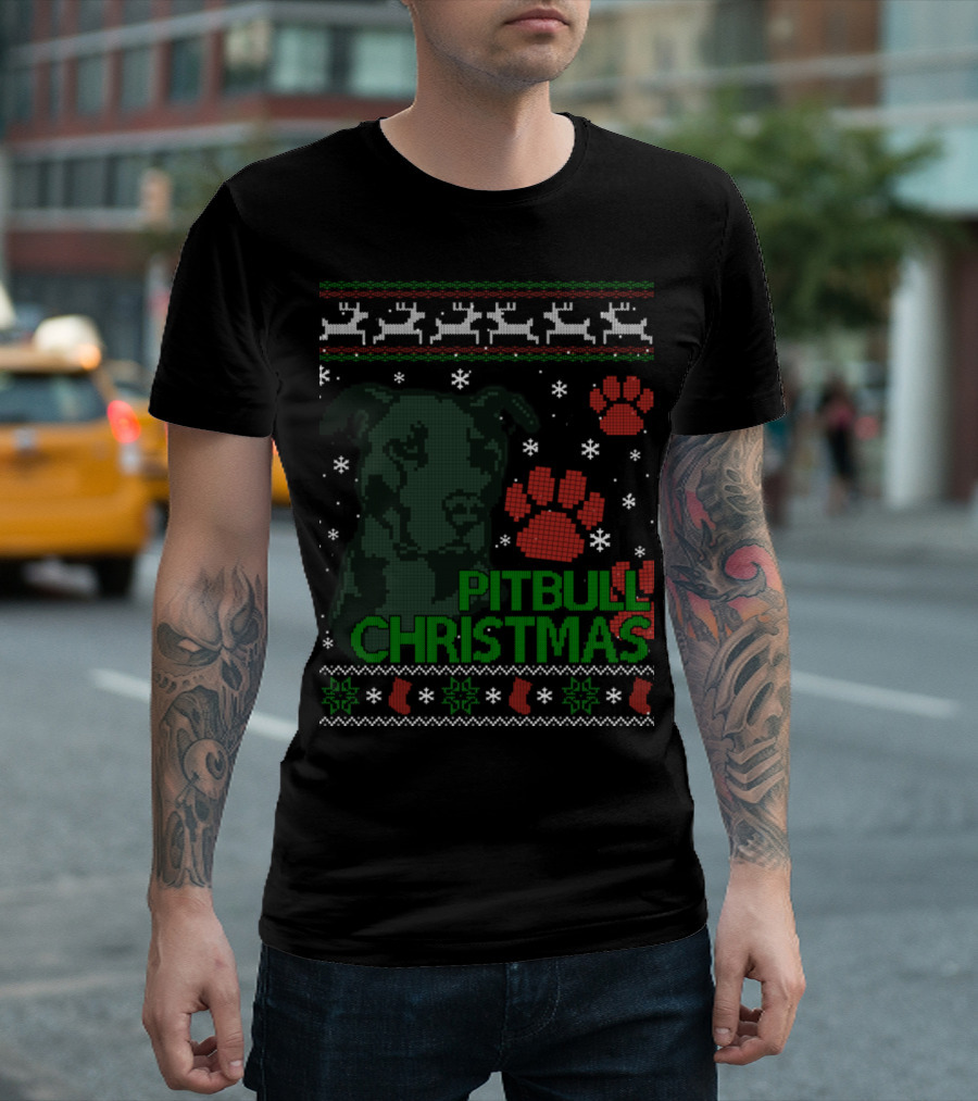 Pitbull Christmas With Reindeer and Paw Prints T-Shirt