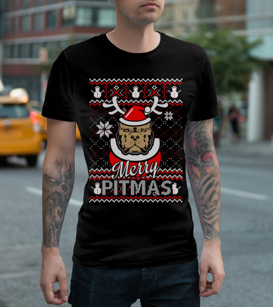 Merry Pitmas Ugly Christmas Sweater Pitbull Reindeer Snowflakes Snowmen T-Shirt
