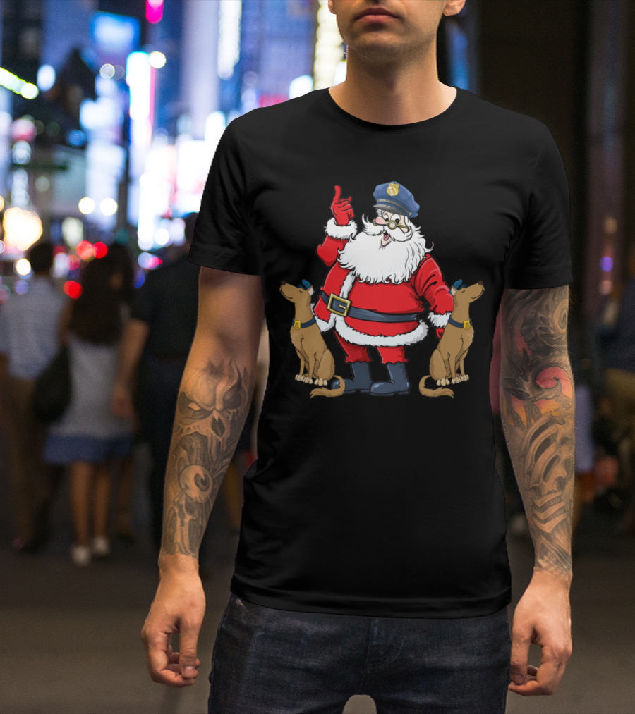 Police Santa Christmas With Reindeer Dogs T-Shirt