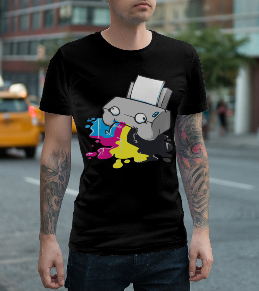 Quirky Cartoon Printer Spilling CMYK Ink T-Shirt