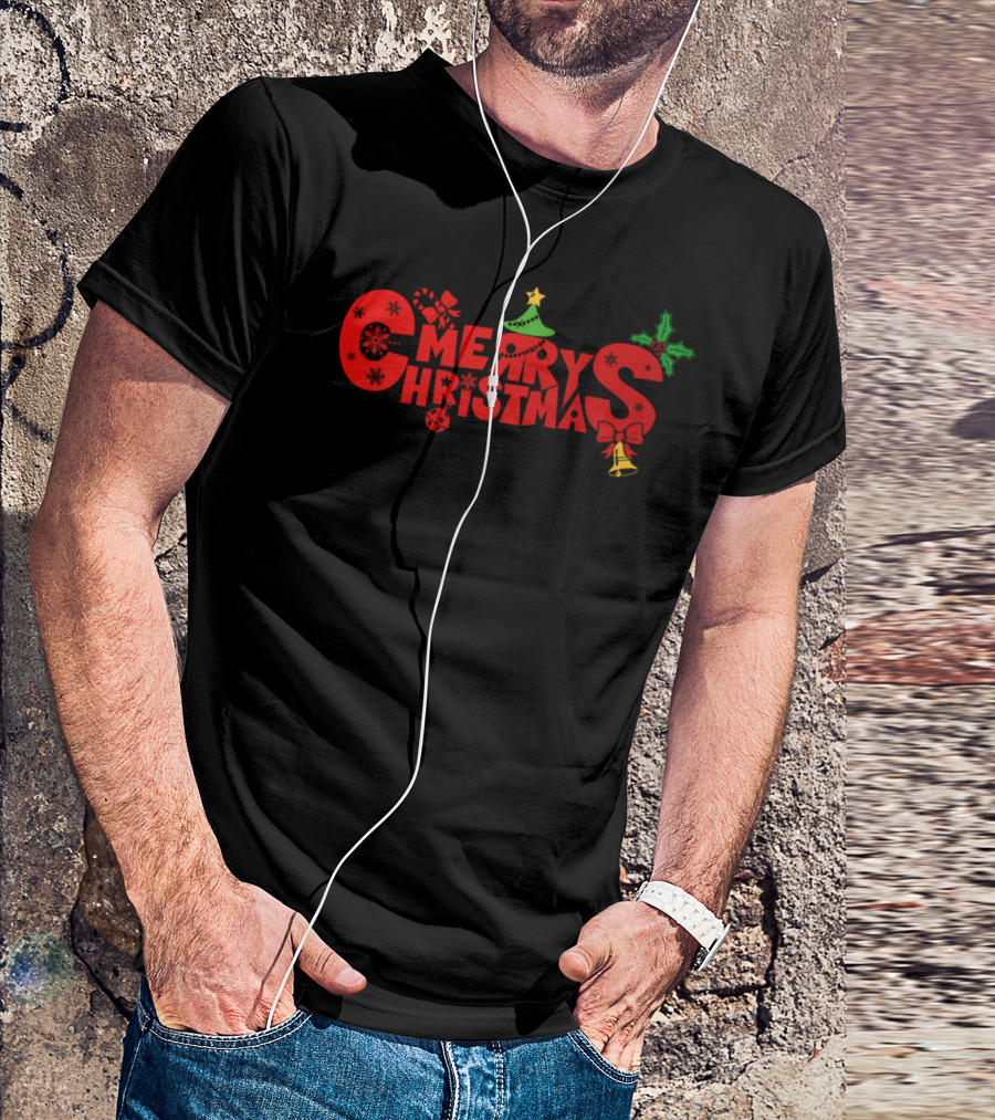 Merry Christmas Red Holiday Festive Text With Tree And Bells T-Shirt