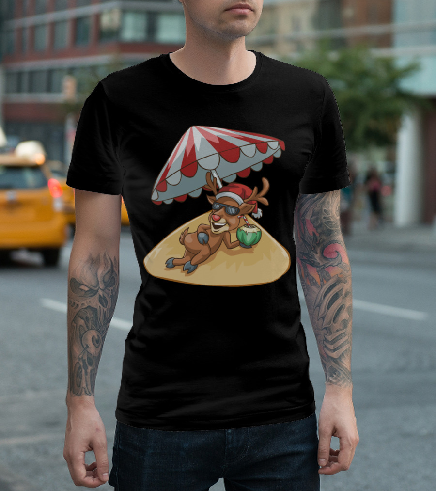 Reindeer Relaxing Under Umbrella with Coconut Christmas In July T-Shirt