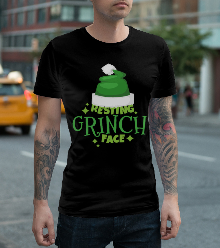 Resting Grinch Face Christmas Humor Green Santa Hat T-Shirt