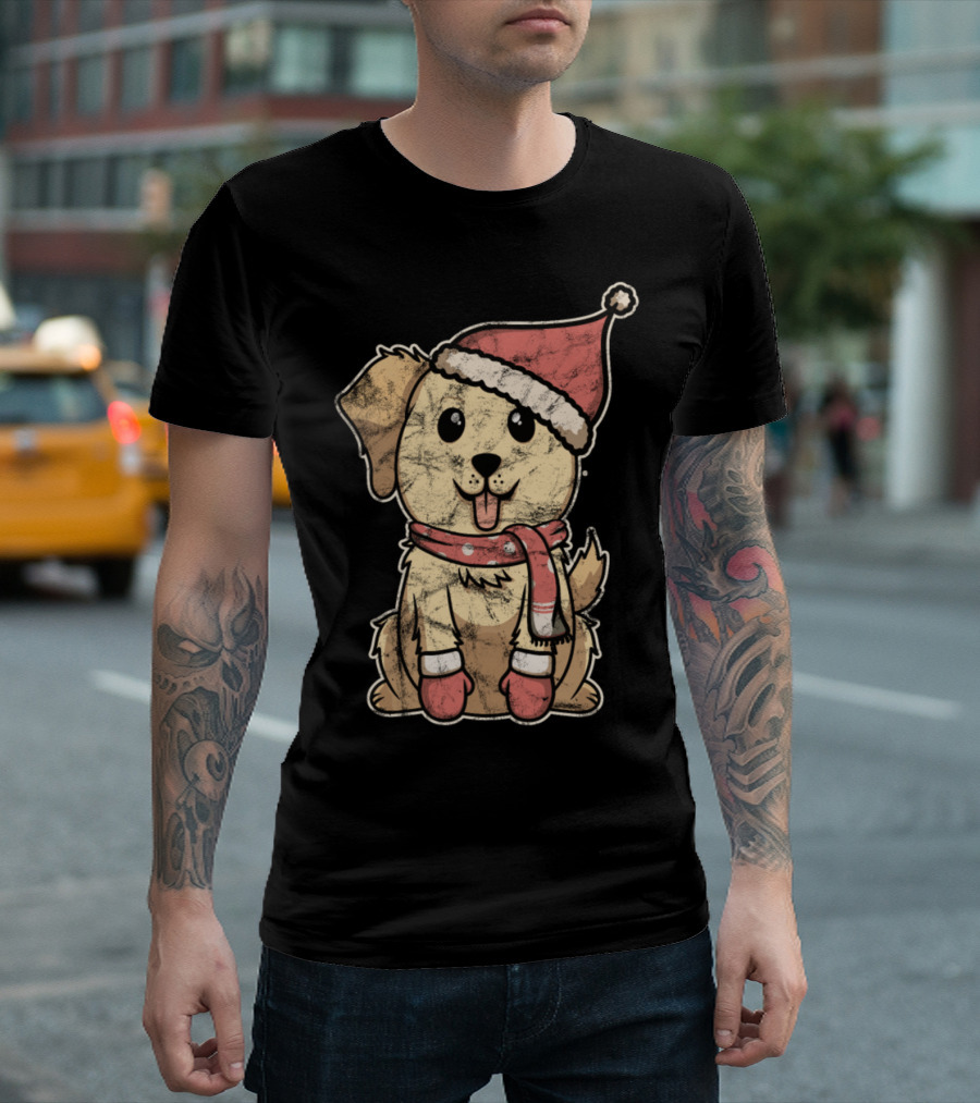 Retriever With Golden Fur Wearing Santa Hat and Scarf T-Shirt