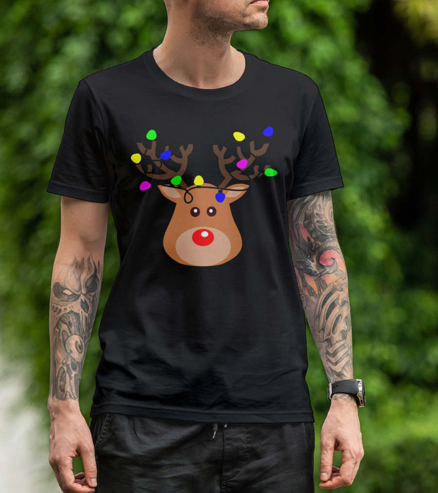 Rudolph Reindeer With Colorful Christmas Lights Antlers T-Shirt