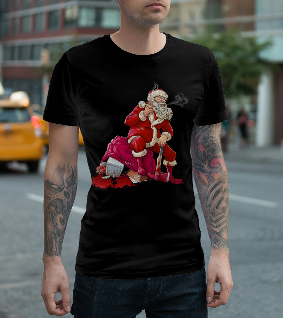 Santa Claus Smoking With Axe And Sack Of Goods T-Shirt