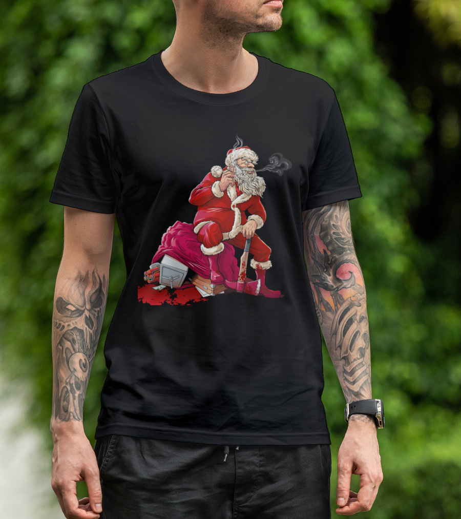 Santa Claus Smoking With Axe And Sack Of Goods T-Shirt