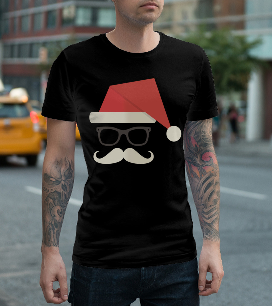 Santa Claus Hipster Glasses Mustache Red Hat T-Shirt