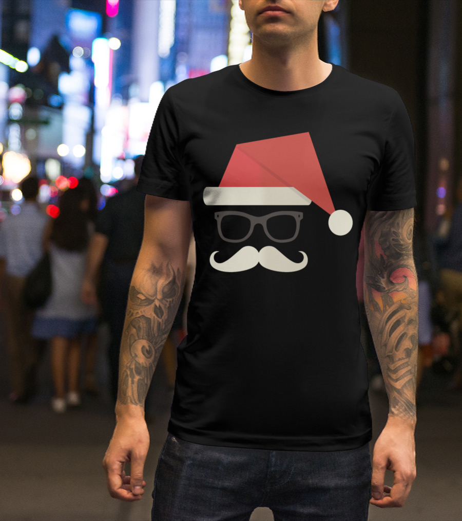 Santa Claus Hipster Glasses Mustache Red Hat T-Shirt