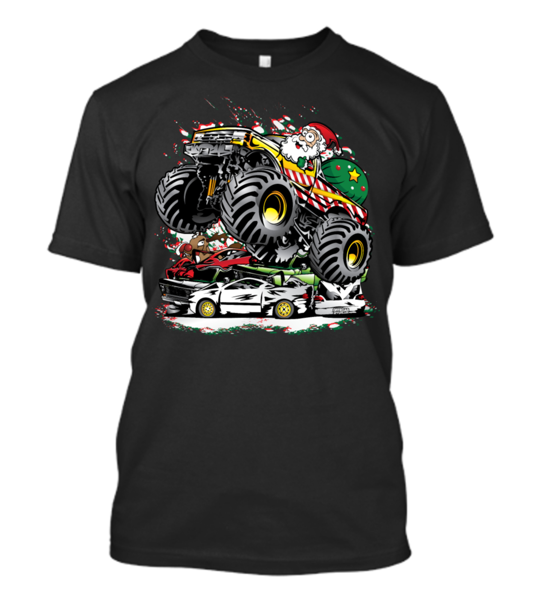 Santa Claus Monster Truck Crushing Cars With Reindeer Driver T-Shirt