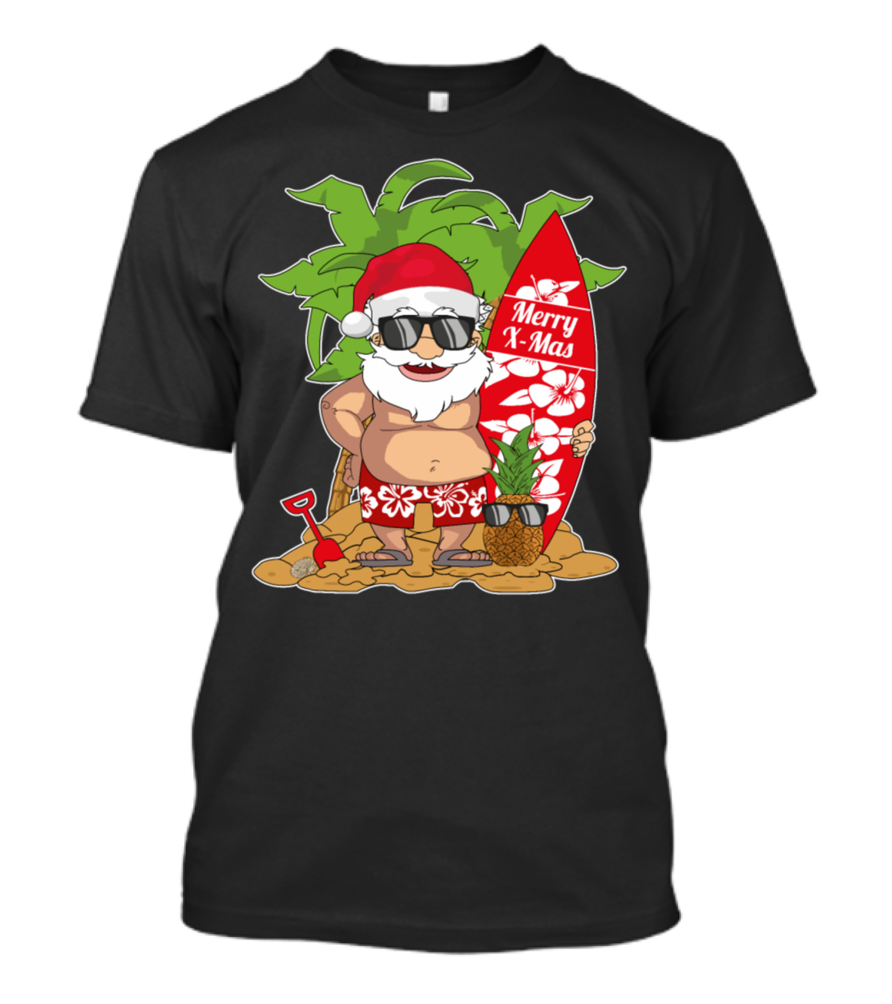 Santa Hawaiian Surfing Merry X-Mas Christmas In July Palm Tree Pineapple T-Shirt
