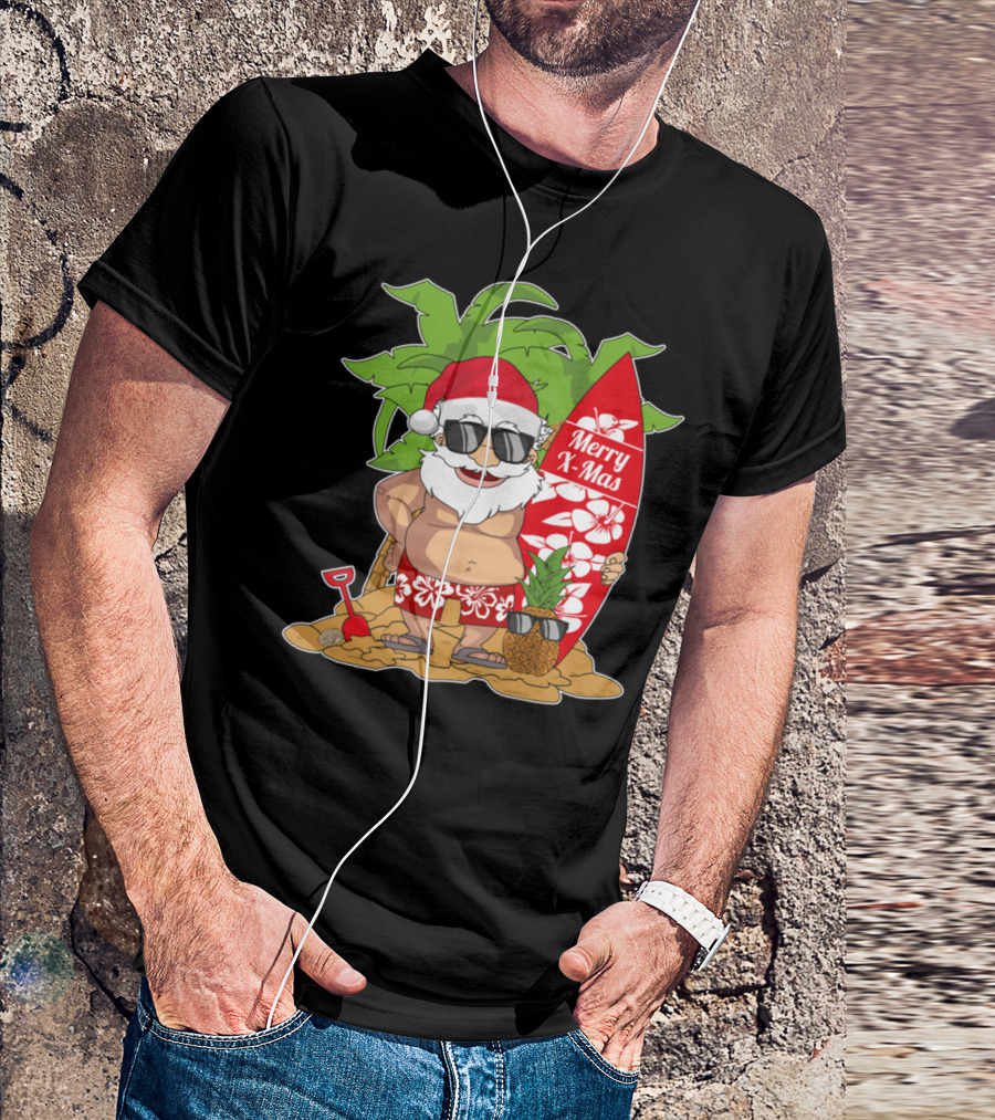Santa Hawaiian Surfing Merry X-Mas Christmas In July Palm Tree Pineapple T-Shirt