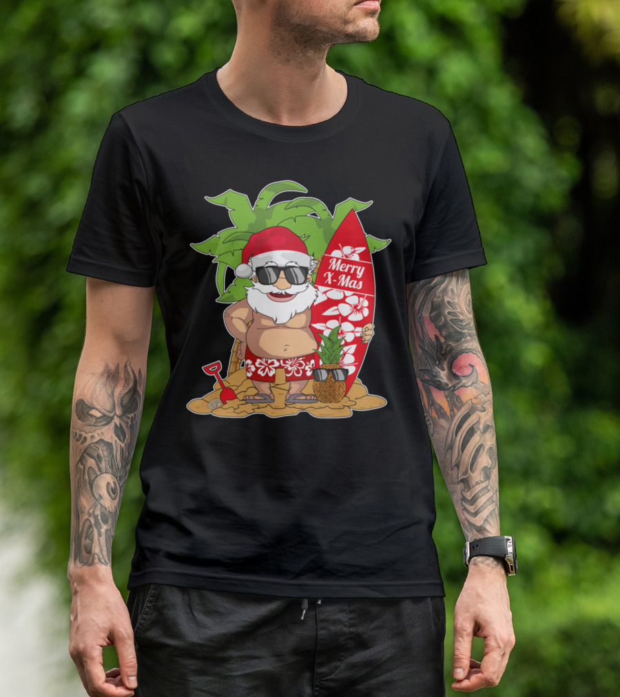 Santa Hawaiian Surfing Merry X-Mas Christmas In July Palm Tree Pineapple T-Shirt