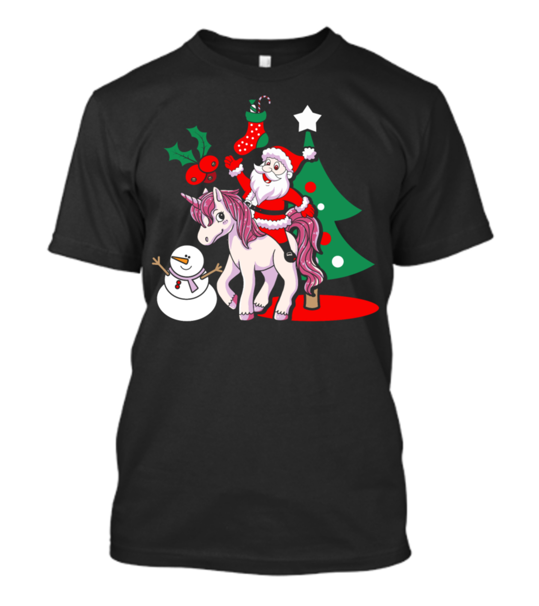 Santa Riding Unicorn With Snowman Christmas Tree And Stocking T-Shirt