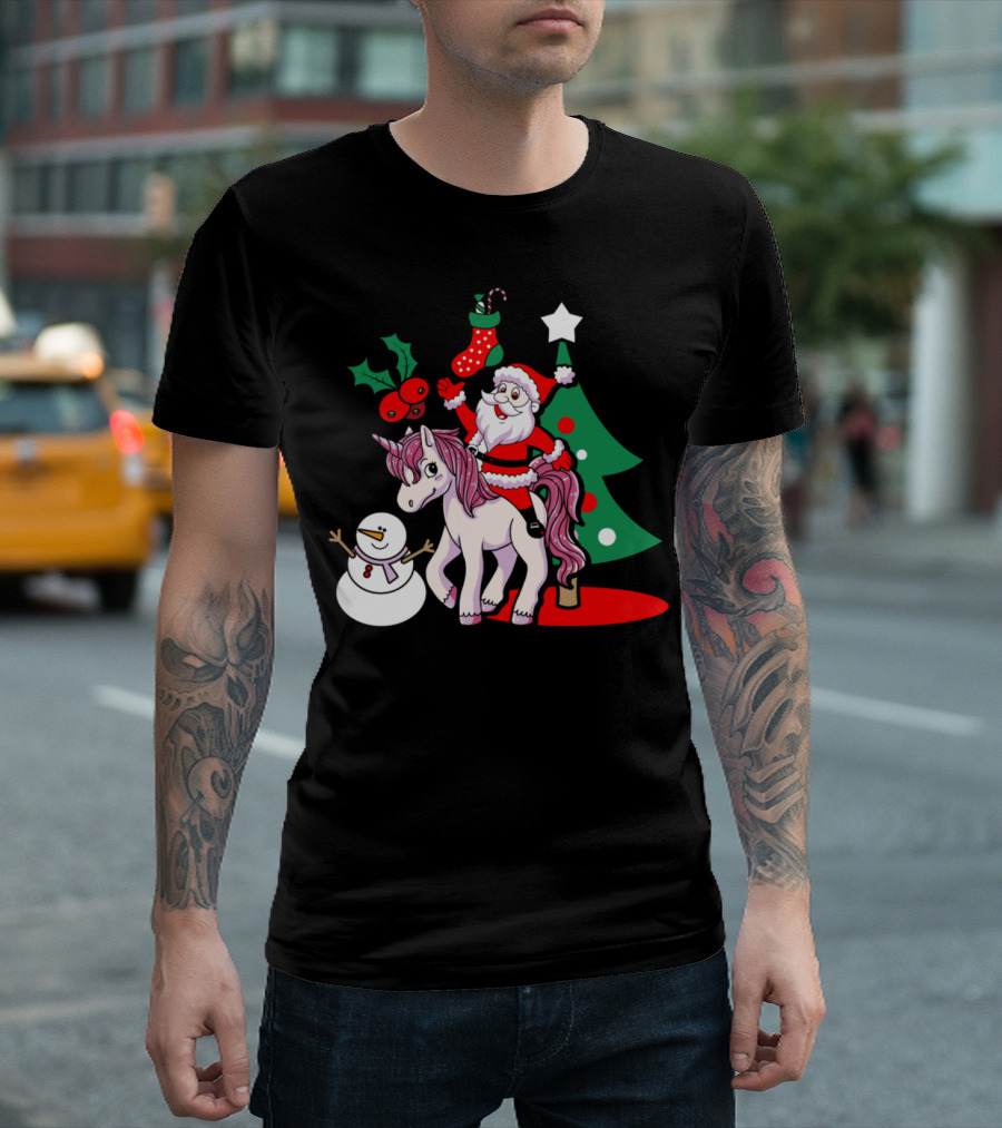 Santa Riding Unicorn With Snowman Christmas Tree And Stocking T-Shirt