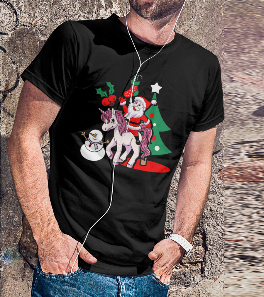 Santa Riding Unicorn With Snowman Christmas Tree And Stocking T-Shirt