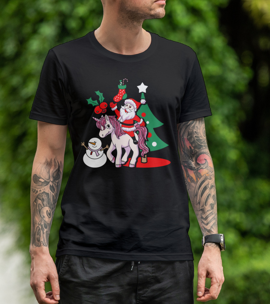 Santa Riding Unicorn With Snowman Christmas Tree And Stocking T-Shirt