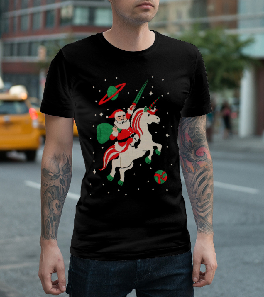 Santa Riding Unicorn with Space Sword and Planets T-Shirt