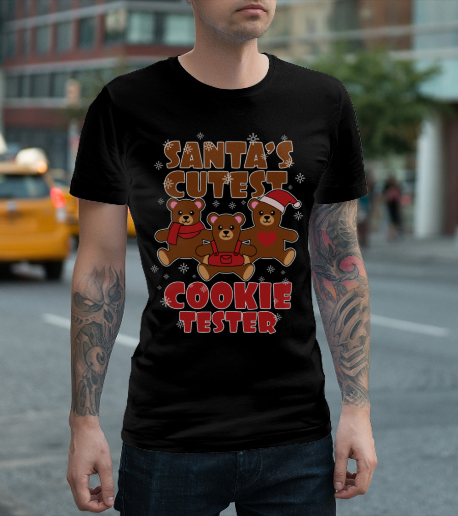 Santa's Cutest Cookie Tester with Three Teddy Bears and Snowflakes T-Shirt