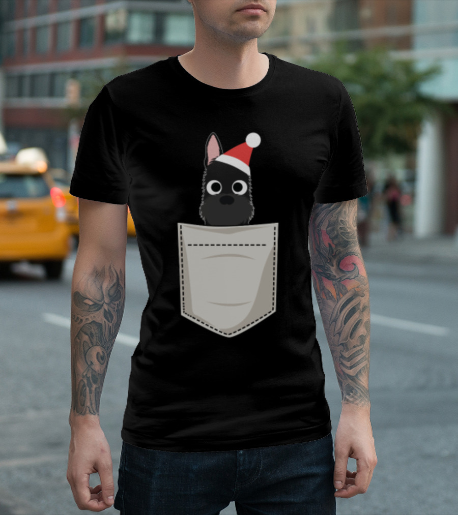 Santa Hat Scottish Terrier in Pocket T-Shirt