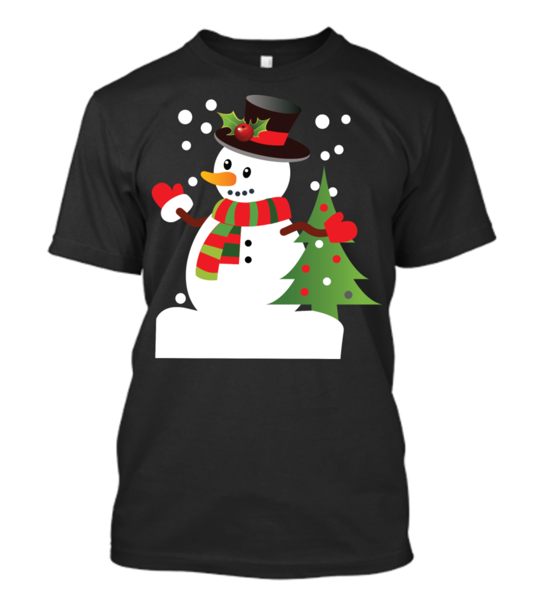 Snowman With Hat Scarf And Mittens By Christmas Tree T-Shirt