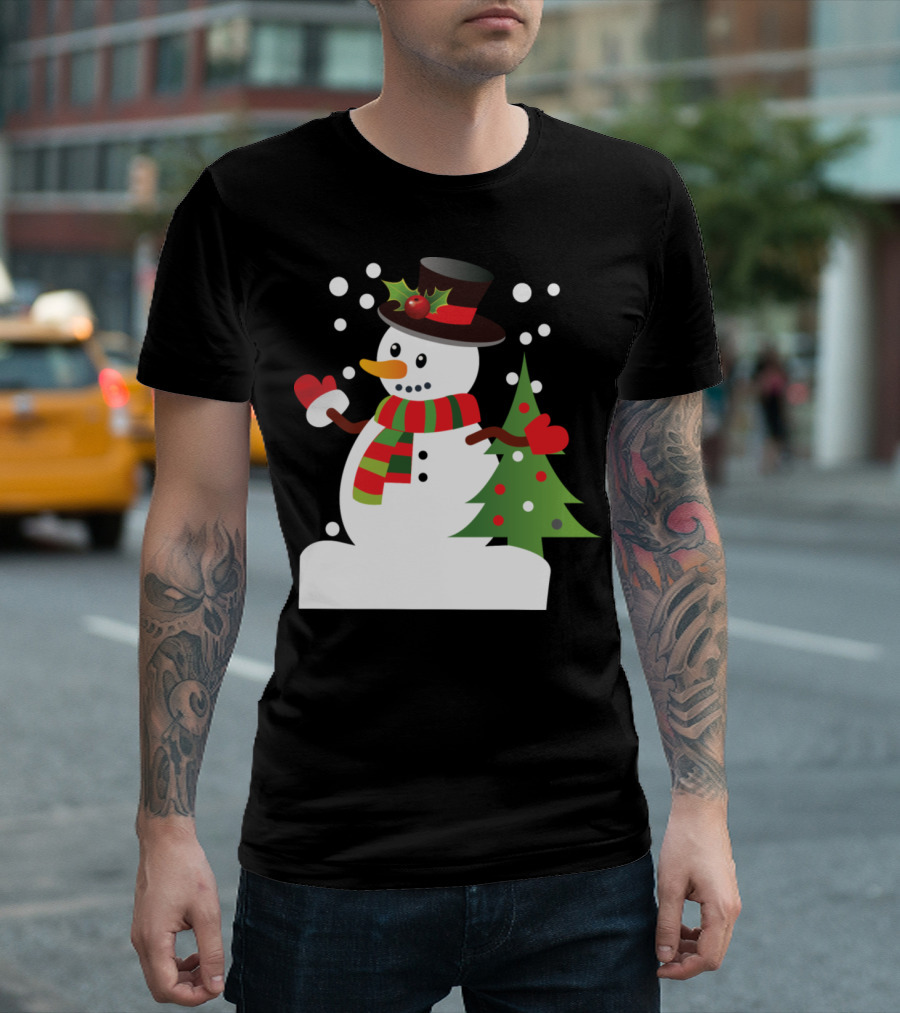 Snowman With Hat Scarf And Mittens By Christmas Tree T-Shirt