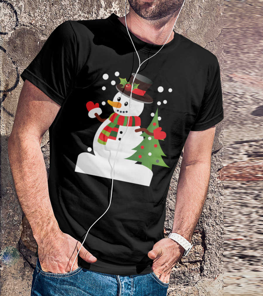 Snowman With Hat Scarf And Mittens By Christmas Tree T-Shirt