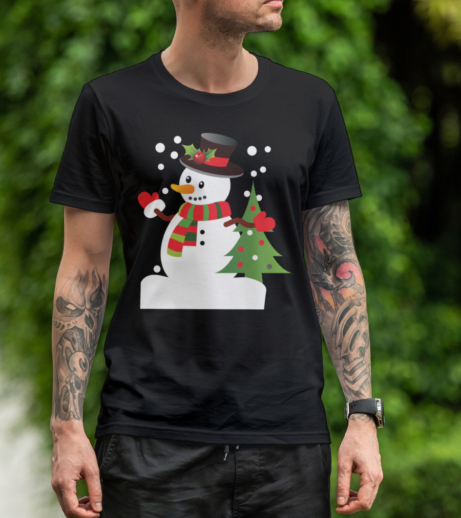 Snowman With Hat Scarf And Mittens By Christmas Tree T-Shirt
