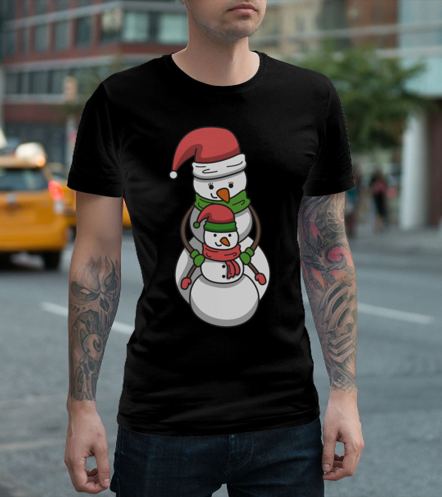 Snowman Mother and Child with Santa Hats and Scarves Christmas Winter T-Shirt