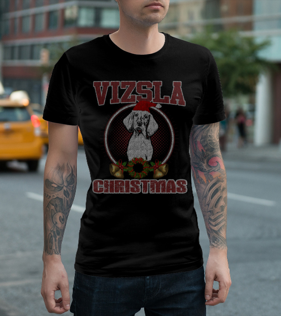 Vizsla Christmas Santa Hat Wreath Bells T-Shirt