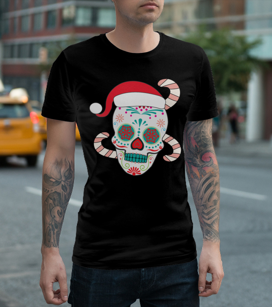 Santa Hat Sugar Skull with Candy Canes Christmas T-Shirt