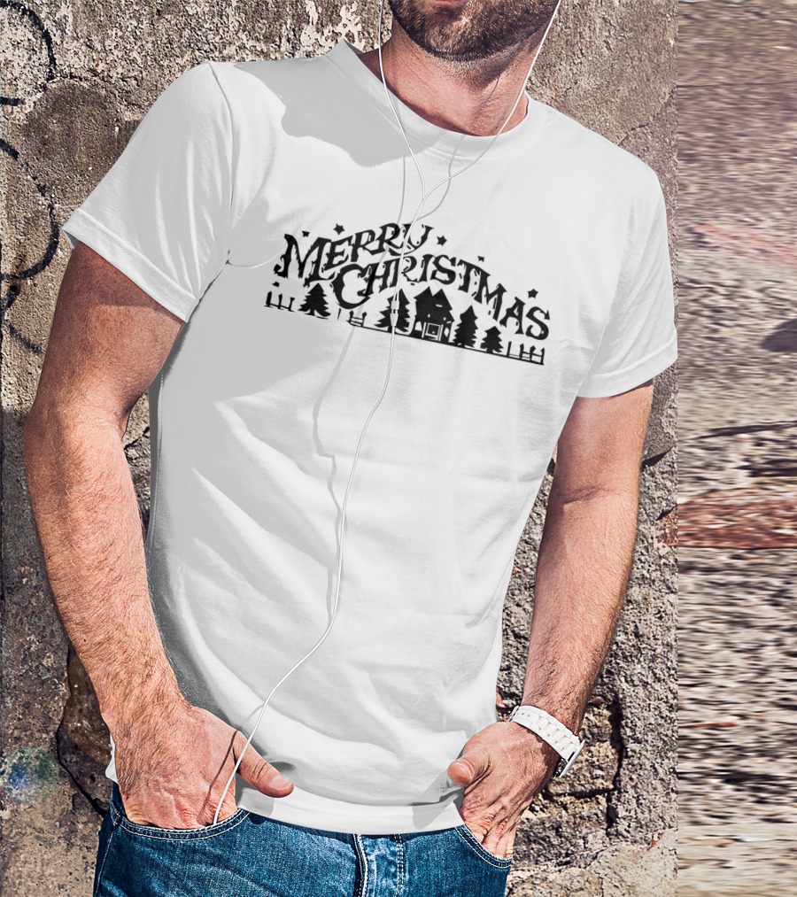 Merry Christmas House And Trees Scene T-Shirt