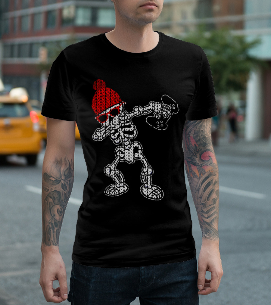 Skeleton Dabbing Video Game Controller Red Beanie Sunglasses T-Shirt