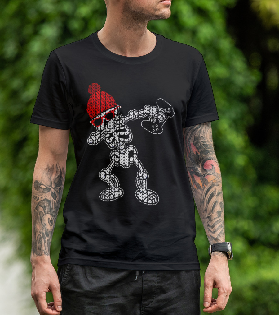 Skeleton Dabbing Video Game Controller Red Beanie Sunglasses T-Shirt